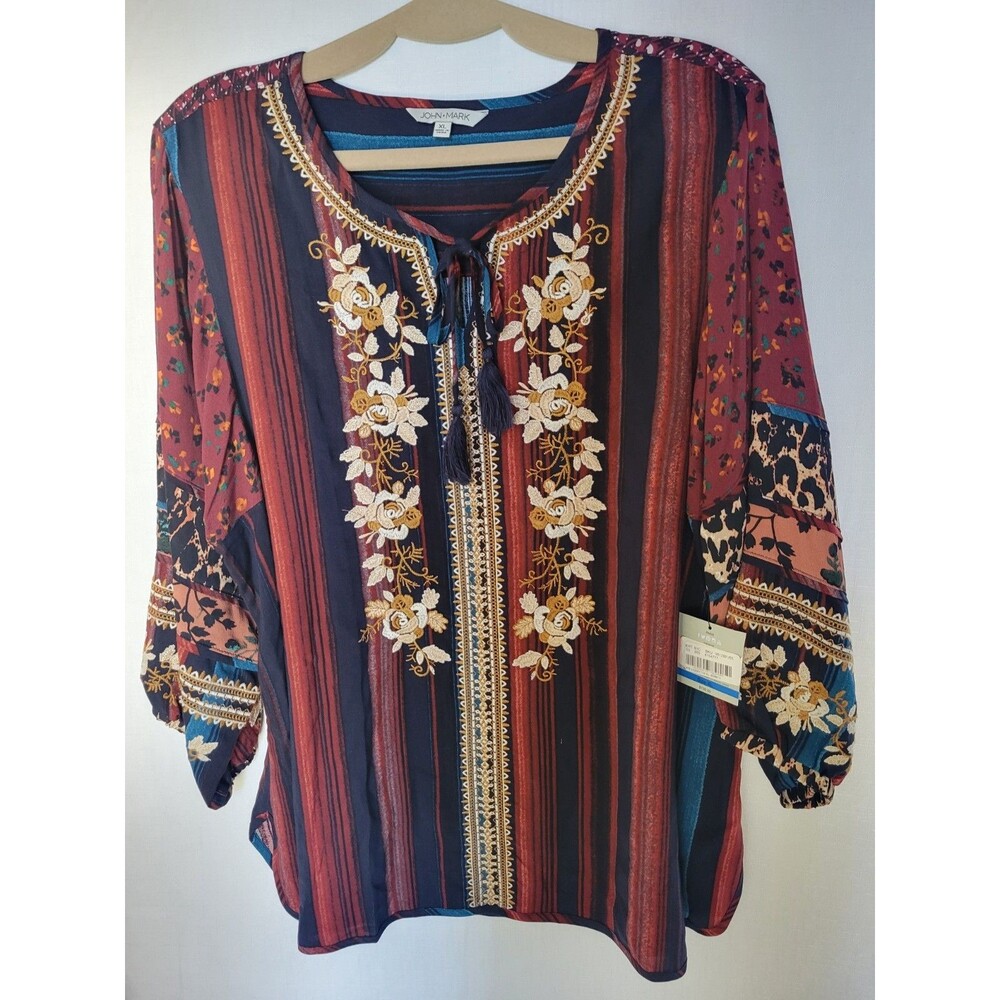 John Mark Womens Embroidered Stripe Tassel Tie Tunic Boho Floral Contrast XL - Picture 3 of 12
